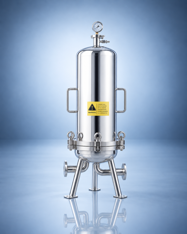 Micron pleated cartridge filter housing for fine industrial liquid filtration